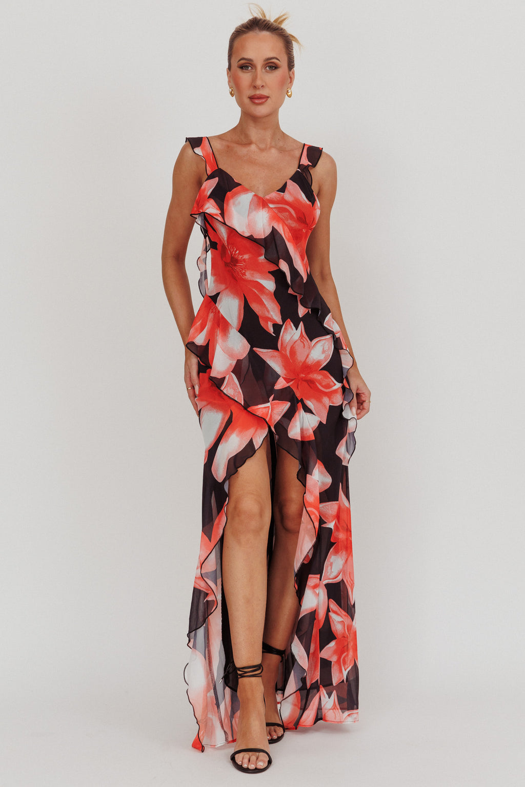 Joyride Floral Ruffle Maxi Dress Black/Red by Selfie Leslie Australia