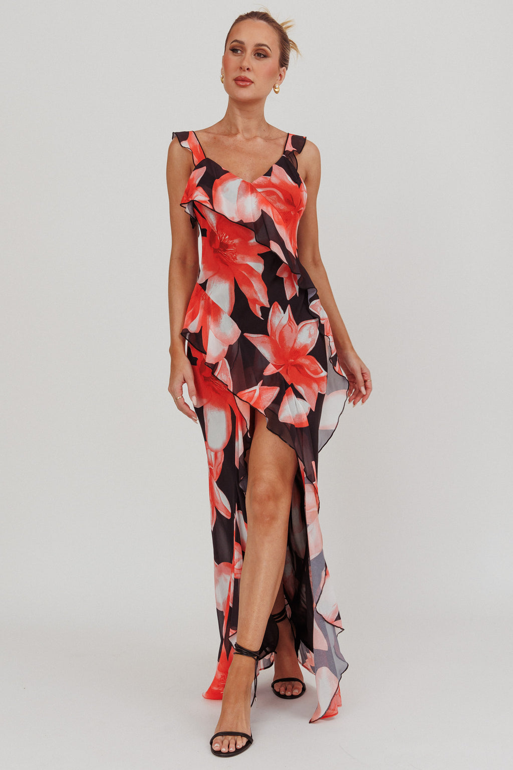 Joyride Floral Ruffle Maxi Dress Black/Red by Selfie Leslie Australia