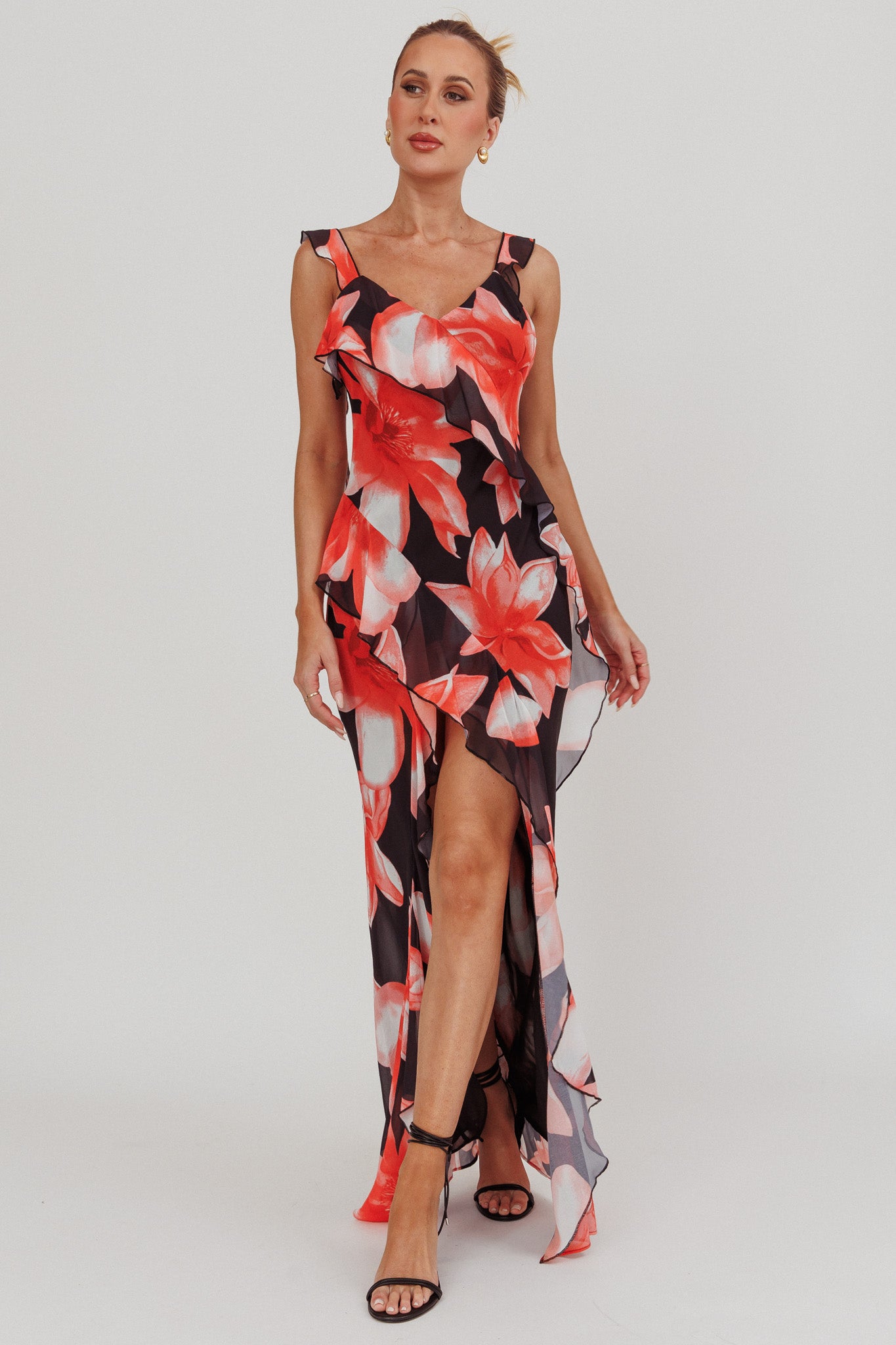 Joyride Floral Ruffle Maxi Dress Black/Red by Selfie Leslie Australia