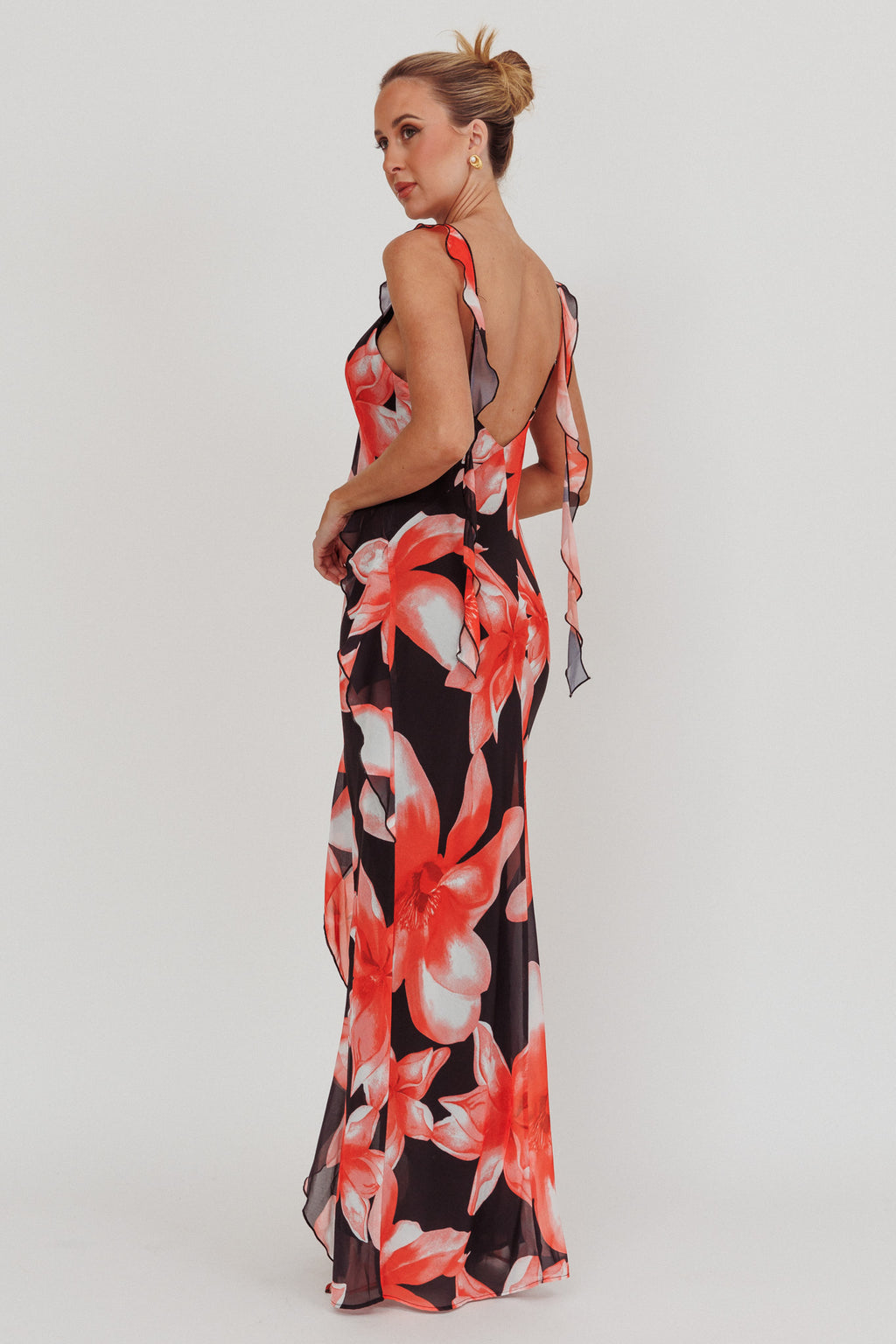 Joyride Floral Ruffle Maxi Dress Black/Red by Selfie Leslie Australia