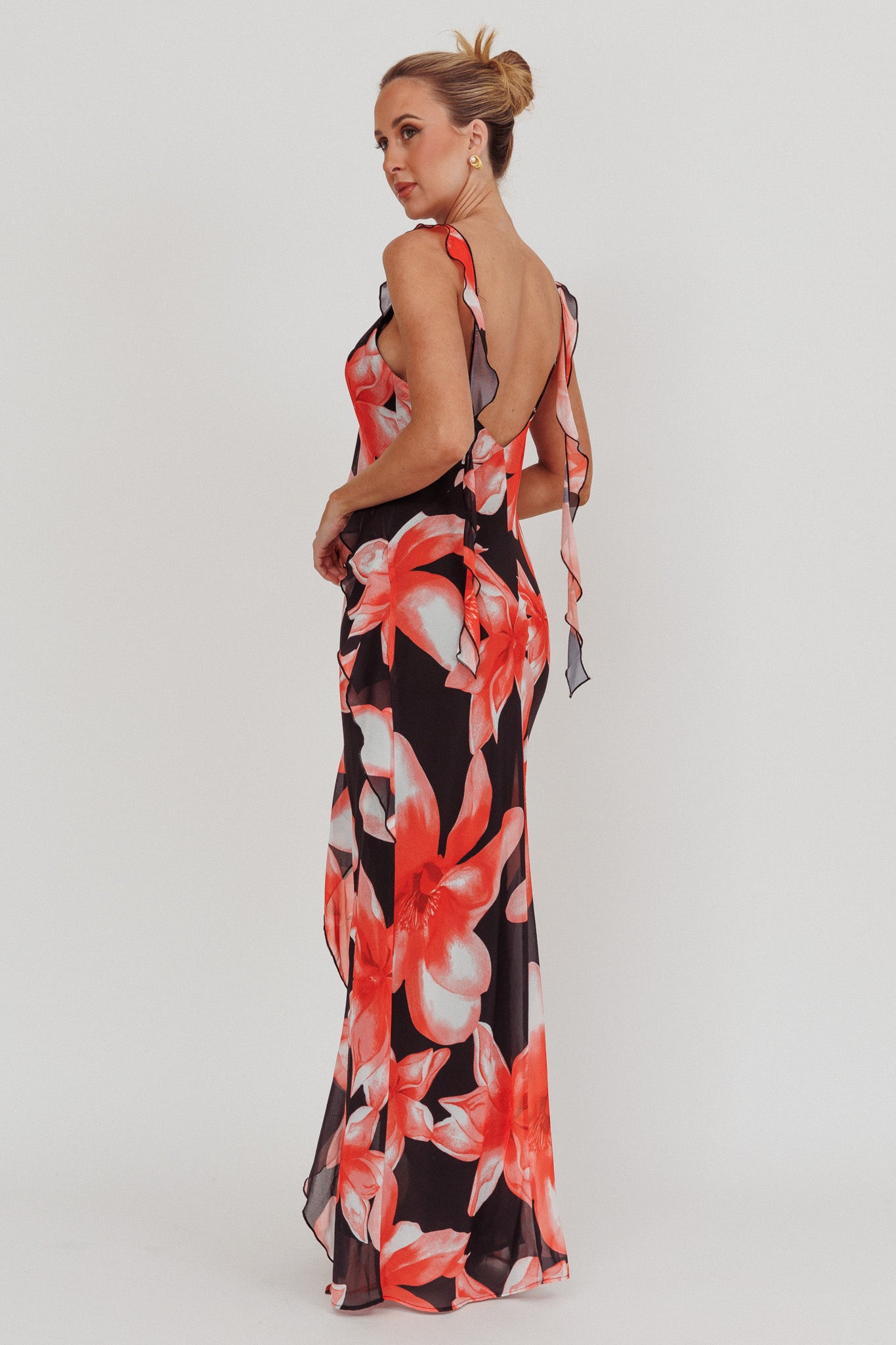 Joyride Floral Ruffle Maxi Dress Black/Red by Selfie Leslie Australia