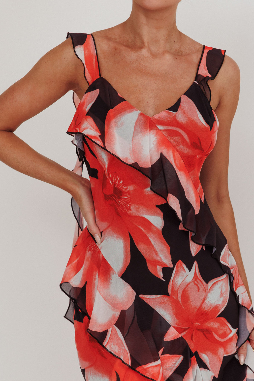 Joyride Floral Ruffle Maxi Dress Black/Red by Selfie Leslie Australia