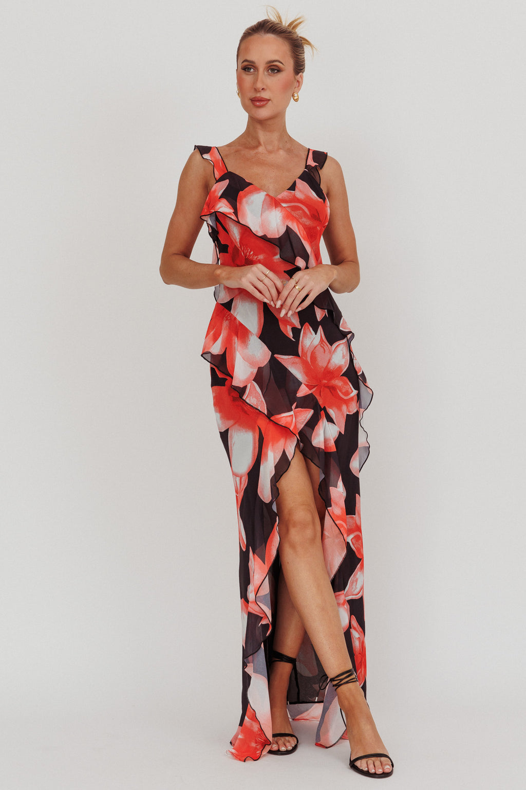 Joyride Floral Ruffle Maxi Dress Black/Red by Selfie Leslie Australia