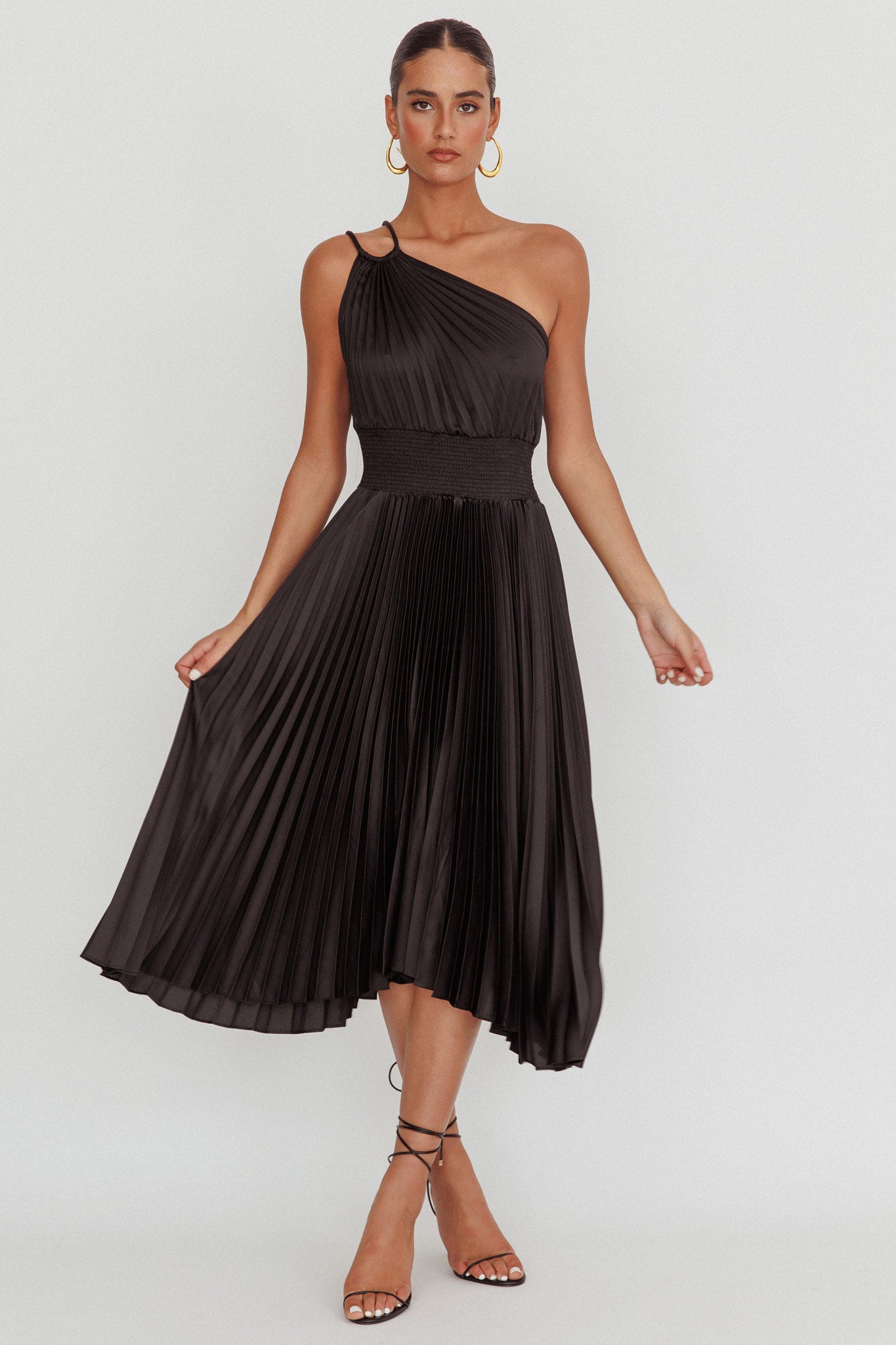 Calissa One Shoulder Pleated Midi Dress Black by Selfie Leslie Australia