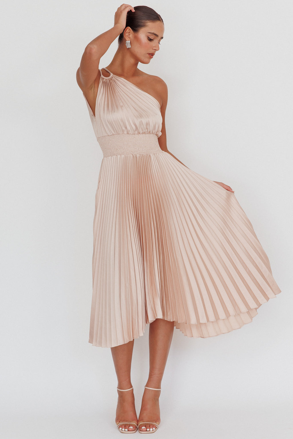 Calissa One Shoulder Pleated Midi Dress Champagne by Selfie Leslie Australia