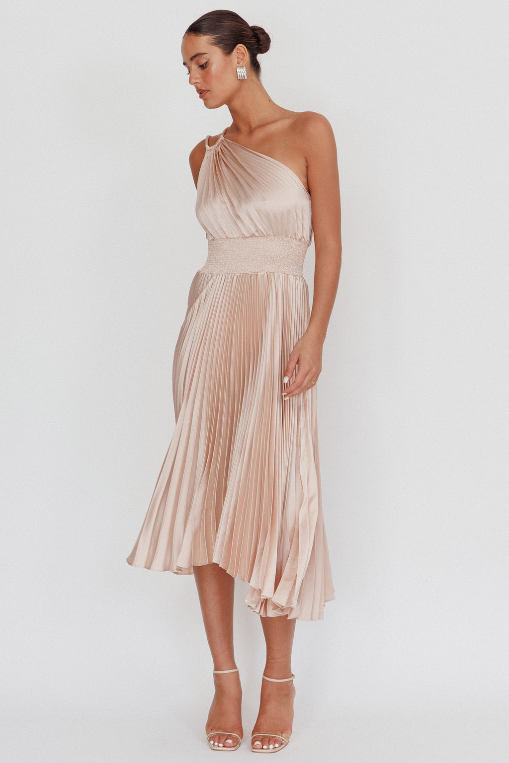 Calissa One Shoulder Pleated Midi Dress Champagne by Selfie Leslie Australia