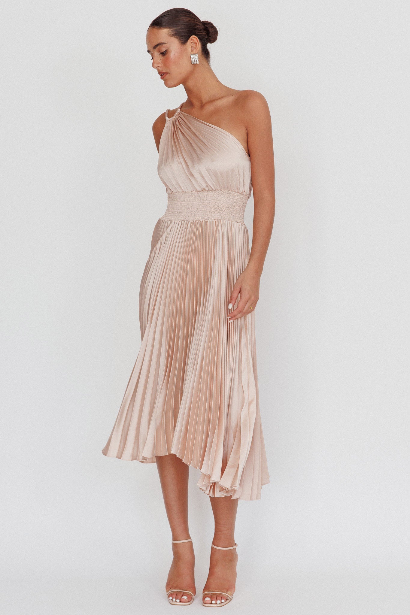 Calissa One Shoulder Pleated Midi Dress Champagne by Selfie Leslie Australia