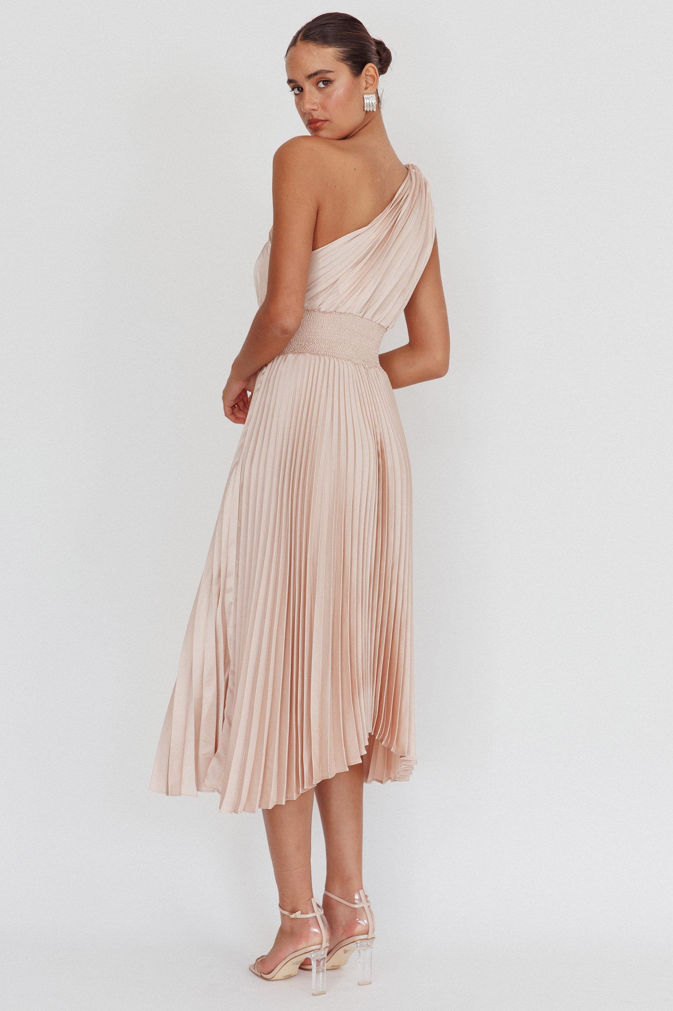 Calissa One Shoulder Pleated Midi Dress Champagne by Selfie Leslie Australia