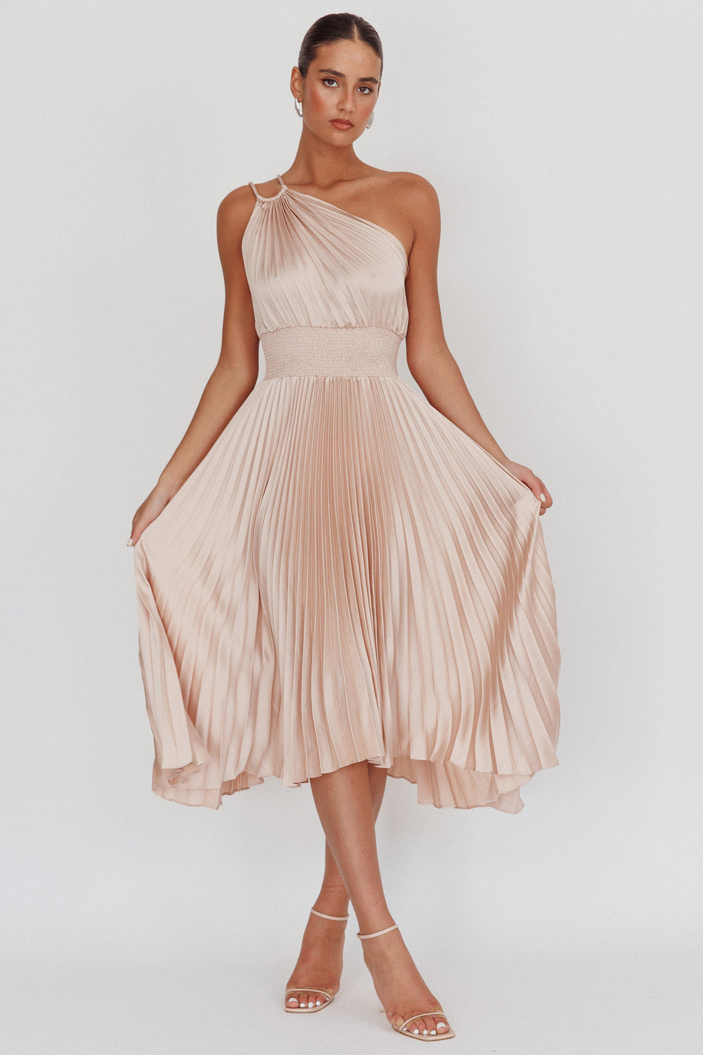 Calissa One Shoulder Pleated Midi Dress Champagne by Selfie Leslie Australia