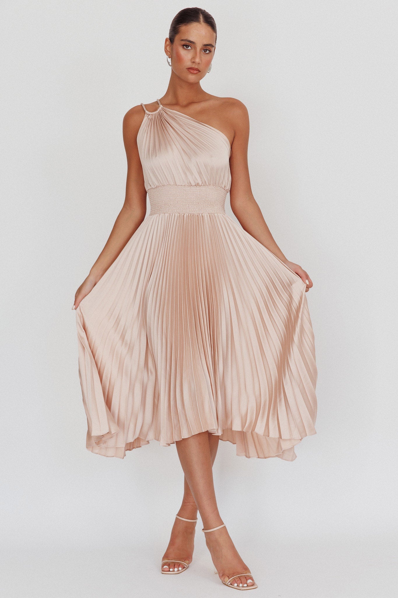 Calissa One Shoulder Pleated Midi Dress Champagne by Selfie Leslie Australia