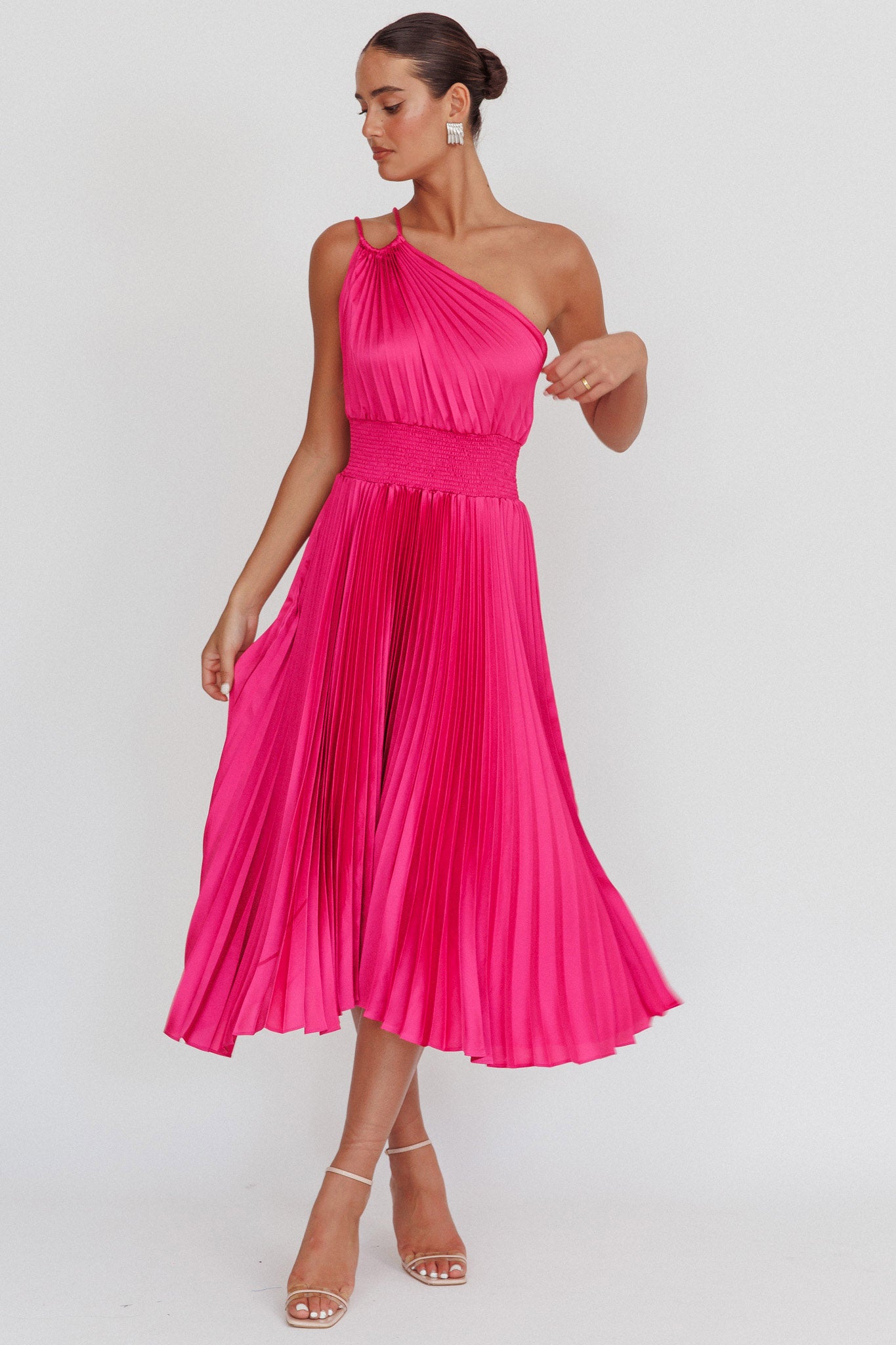Calissa One Shoulder Pleated Midi Dress Magenta by Selfie Leslie Australia