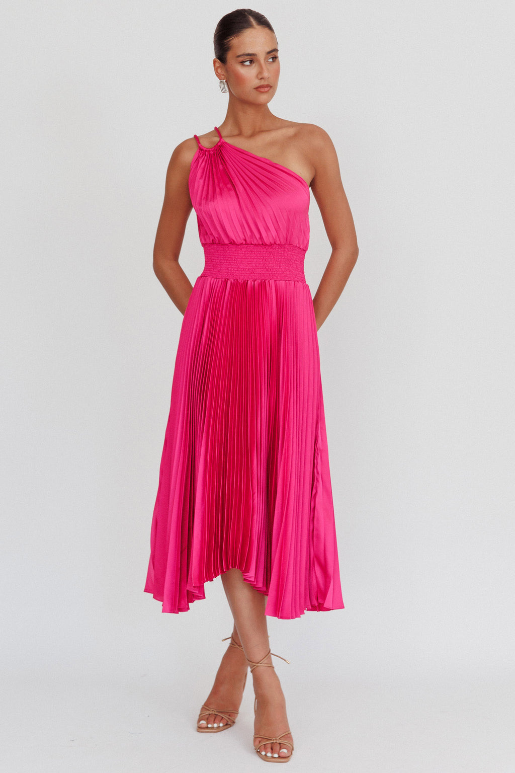 Calissa One Shoulder Pleated Midi Dress Magenta by Selfie Leslie Australia