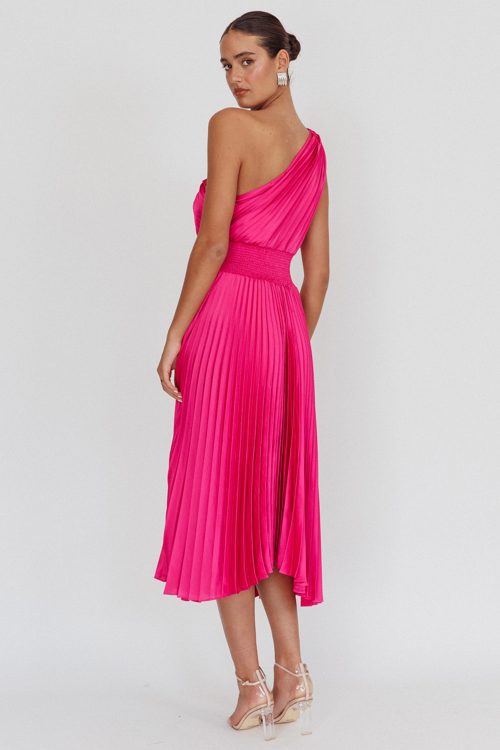 Calissa One Shoulder Pleated Midi Dress Magenta by Selfie Leslie Australia