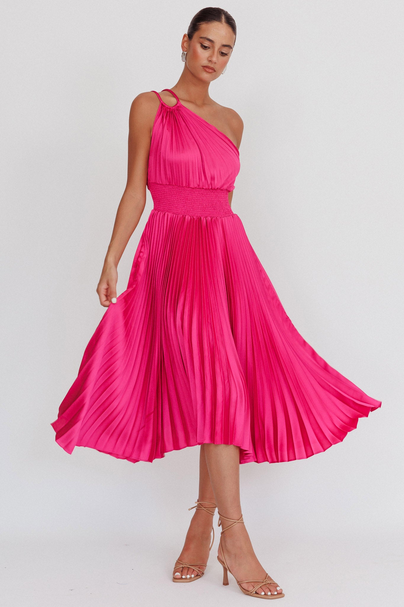 Calissa One Shoulder Pleated Midi Dress Magenta by Selfie Leslie Australia