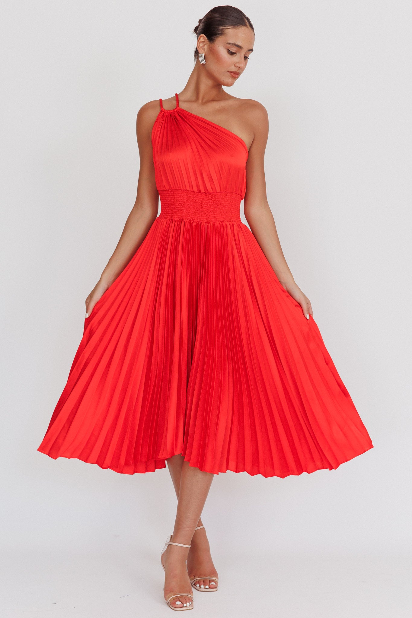 Calissa One Shoulder Pleated Midi Dress Red by Selfie Leslie Australia