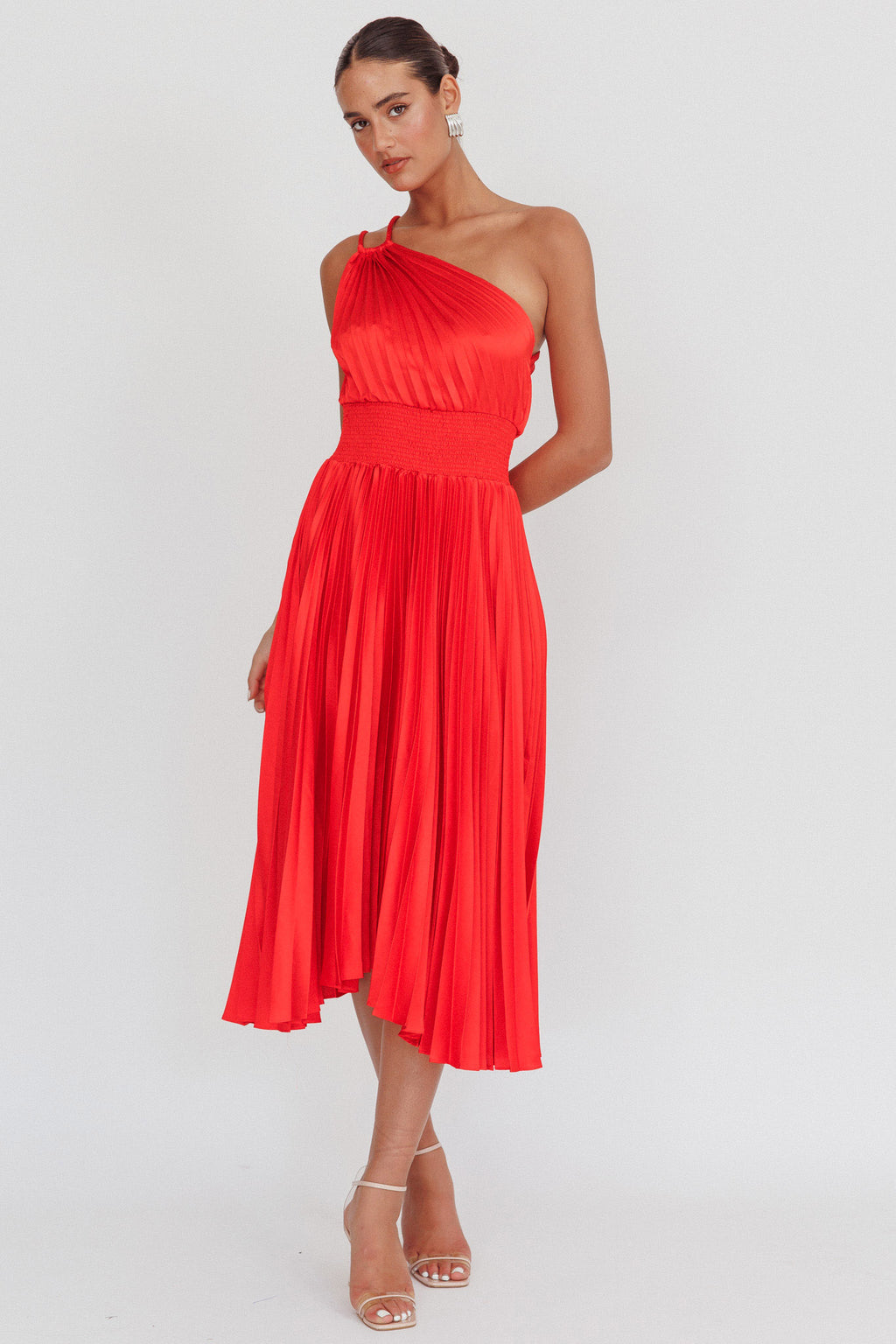 Calissa One Shoulder Pleated Midi Dress Red by Selfie Leslie Australia