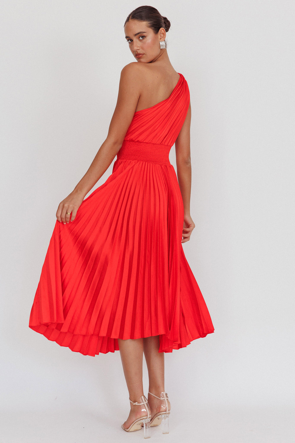 Calissa One Shoulder Pleated Midi Dress Red by Selfie Leslie Australia