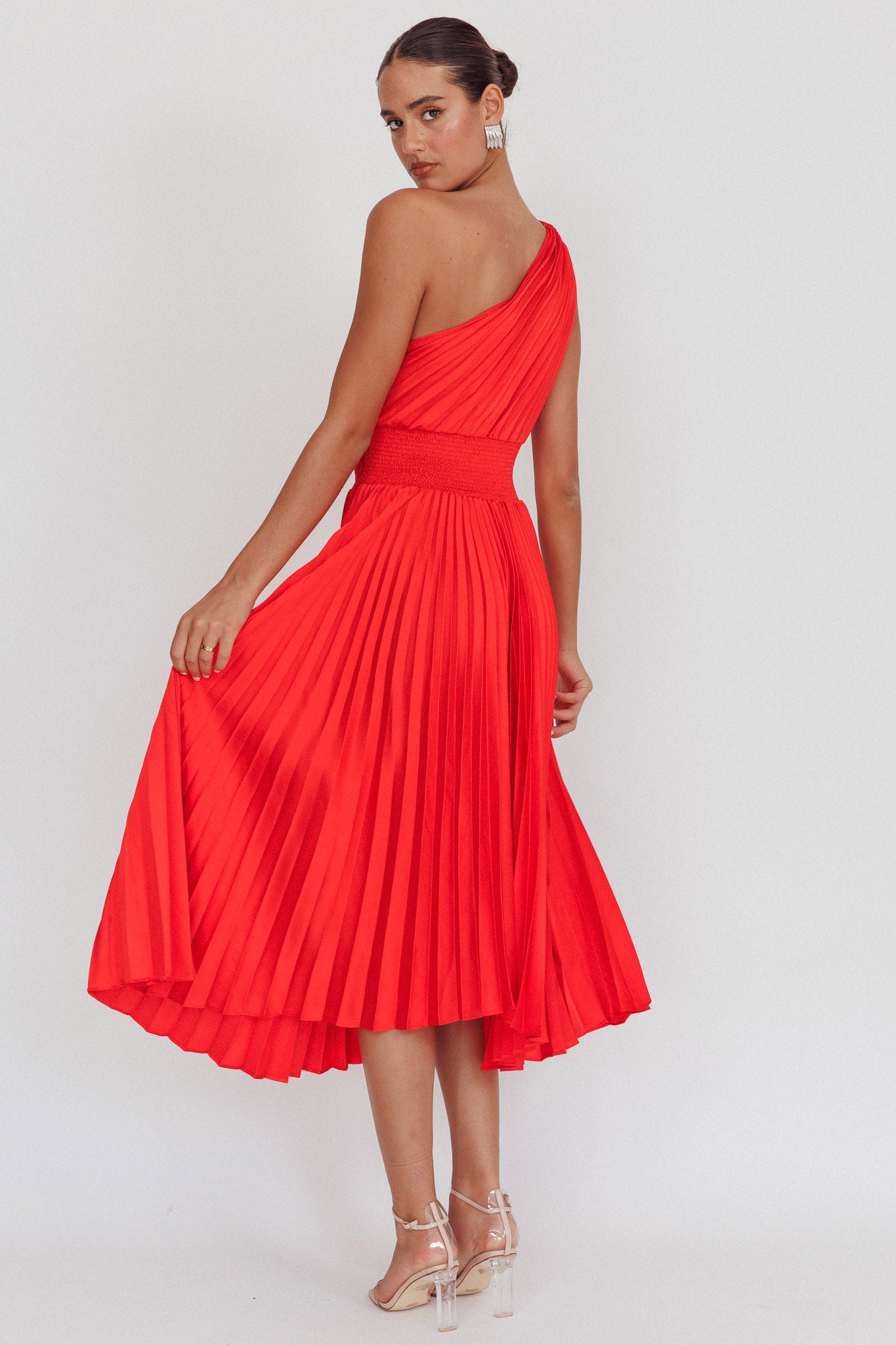 Calissa One Shoulder Pleated Midi Dress Red by Selfie Leslie Australia