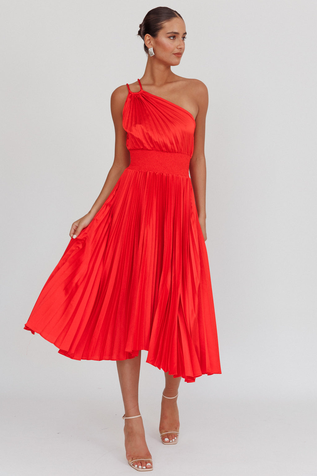 Calissa One Shoulder Pleated Midi Dress Red by Selfie Leslie Australia