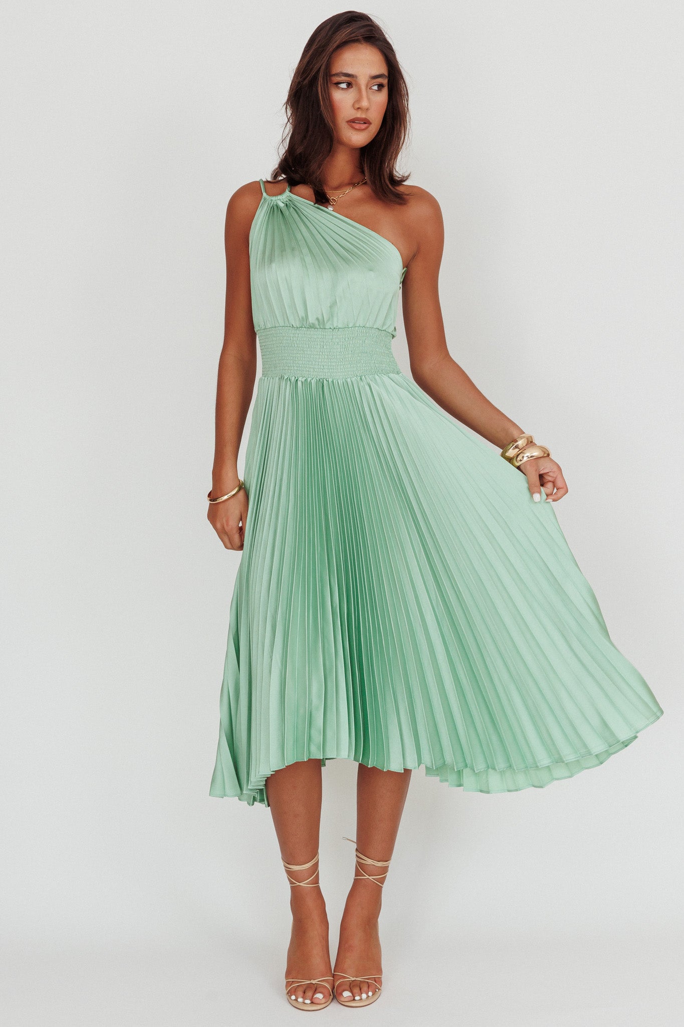Calissa One Shoulder Pleated Midi Dress Sage by Selfie Leslie Australia