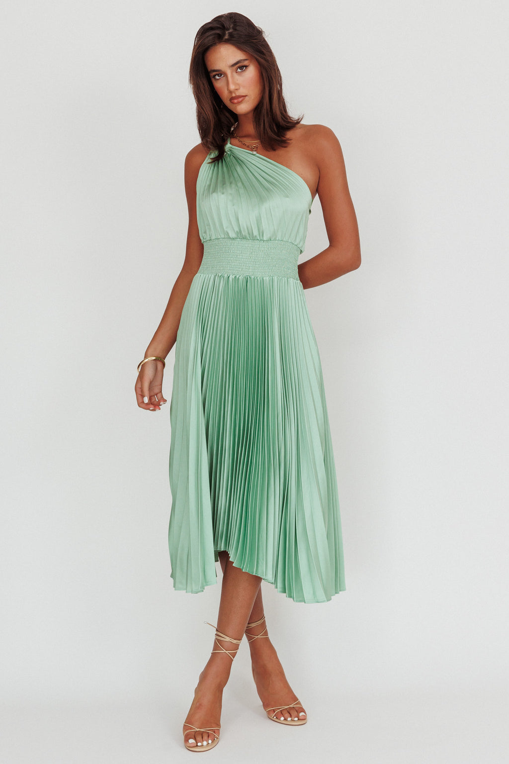 Calissa One Shoulder Pleated Midi Dress Sage by Selfie Leslie Australia