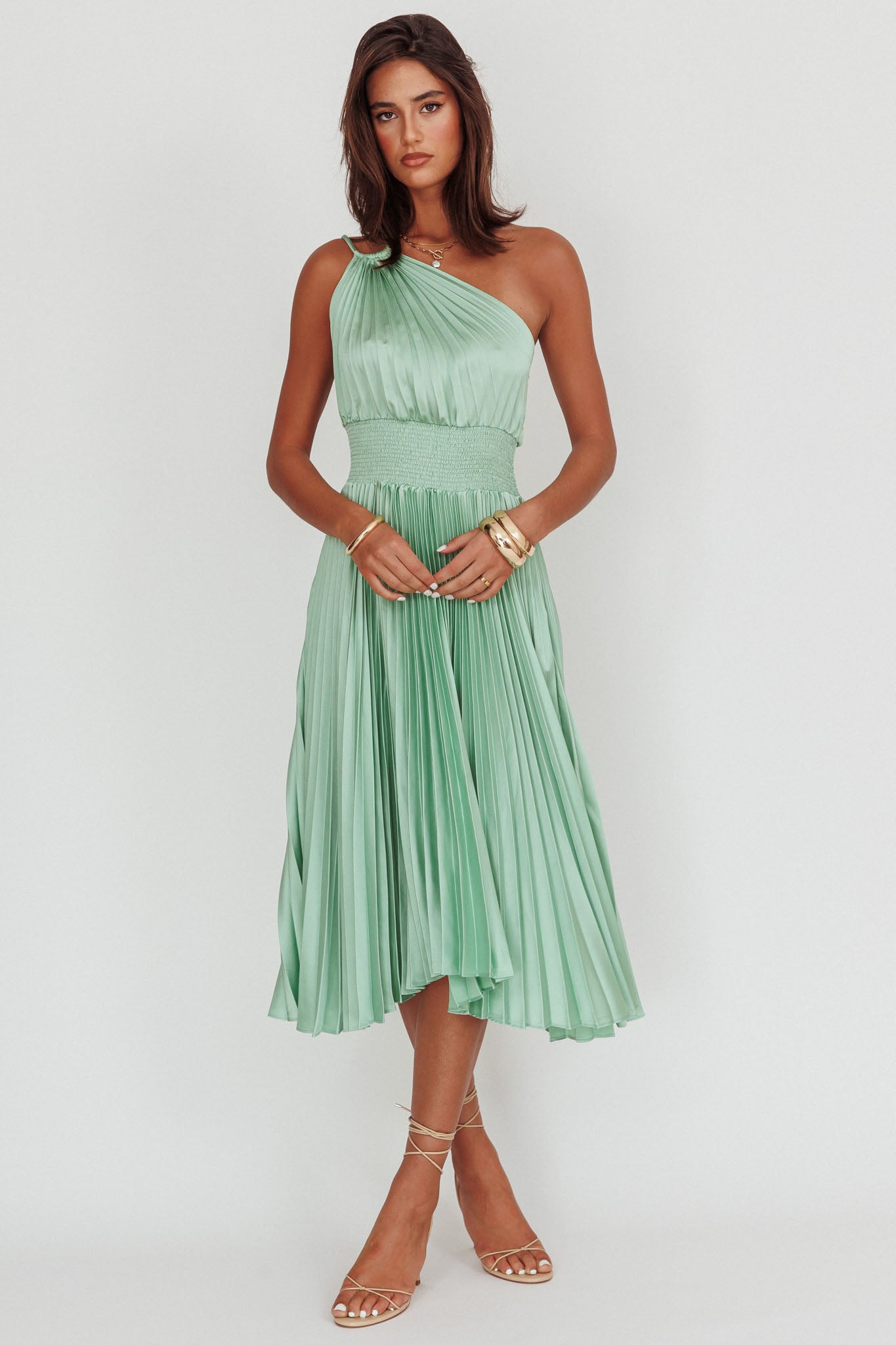 Calissa One Shoulder Pleated Midi Dress Sage by Selfie Leslie Australia