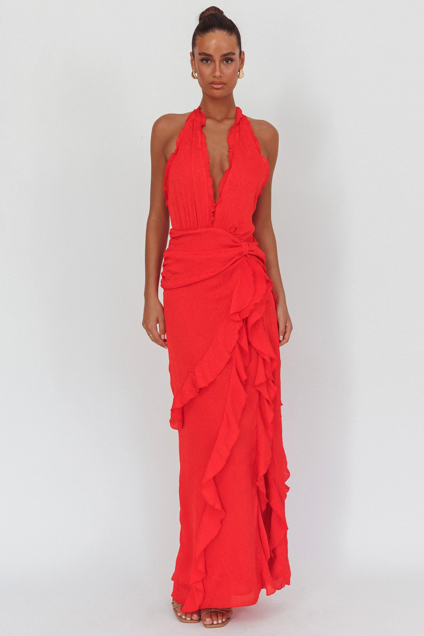 Libre Plunging Halter Ruffle Maxi Dress Red by Selfie Leslie Australia