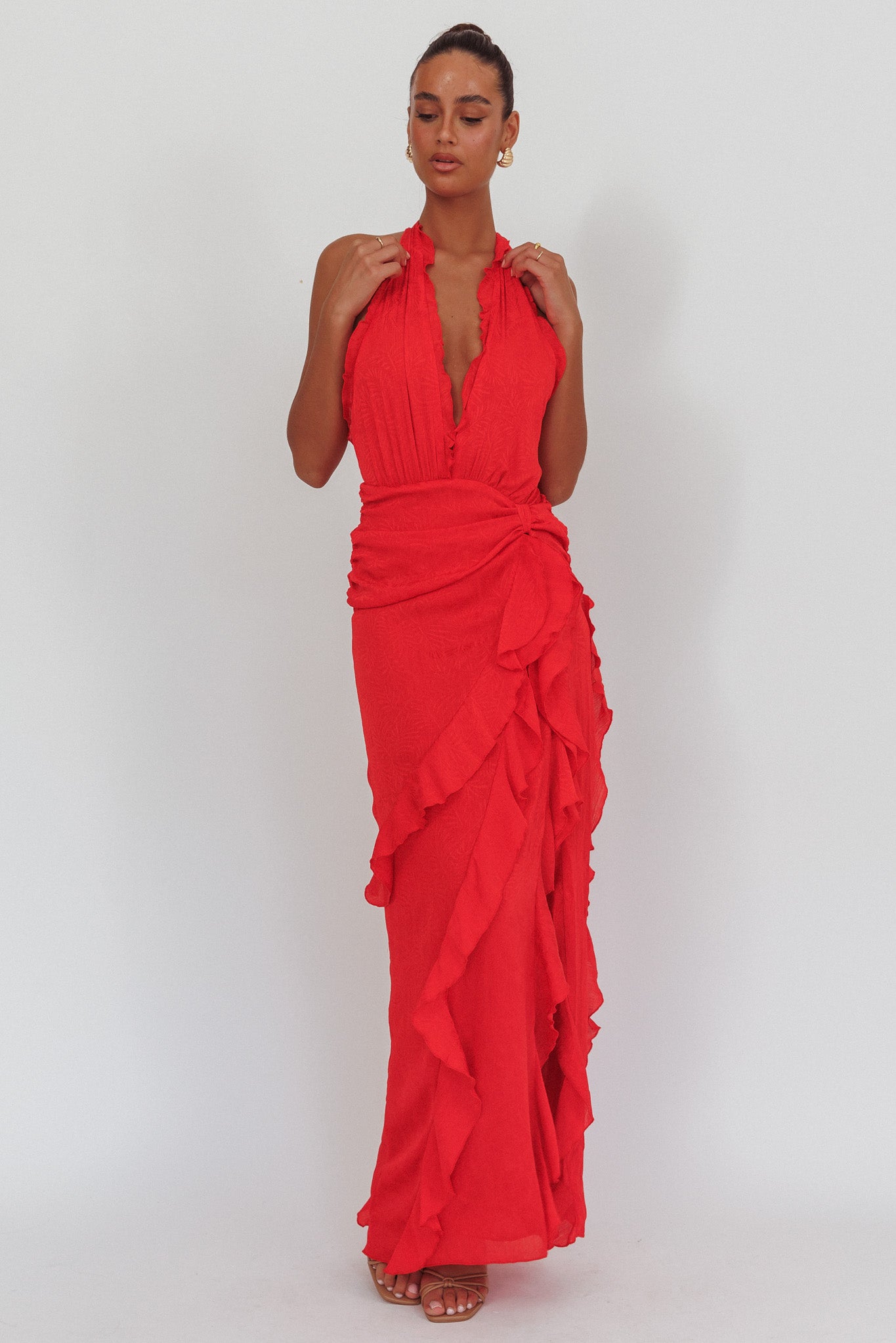Libre Plunging Halter Ruffle Maxi Dress Red by Selfie Leslie Australia