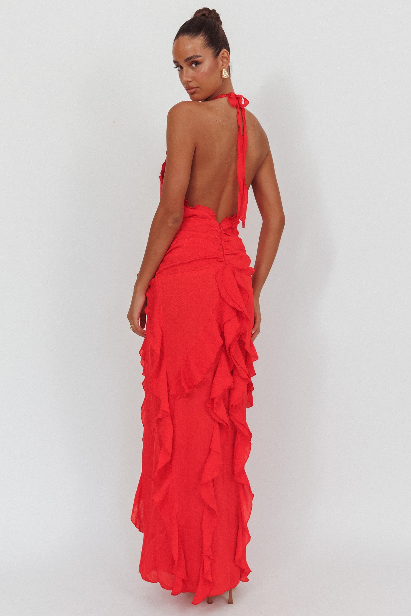 Libre Plunging Halter Ruffle Maxi Dress Red by Selfie Leslie Australia