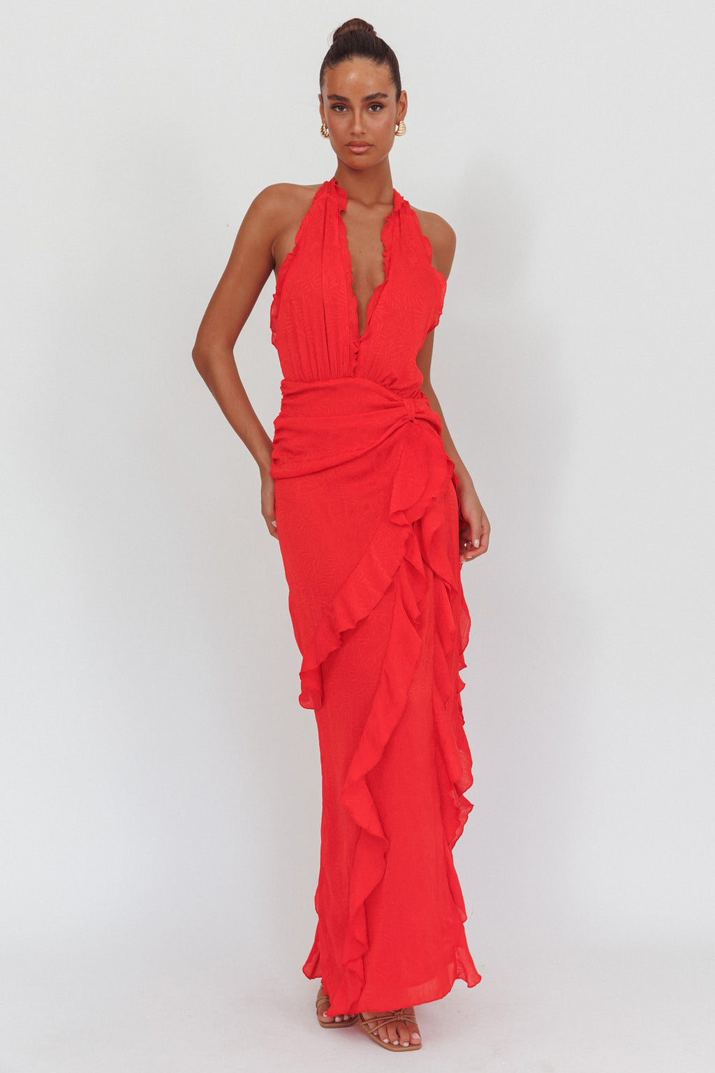 Libre Plunging Halter Ruffle Maxi Dress Red by Selfie Leslie Australia