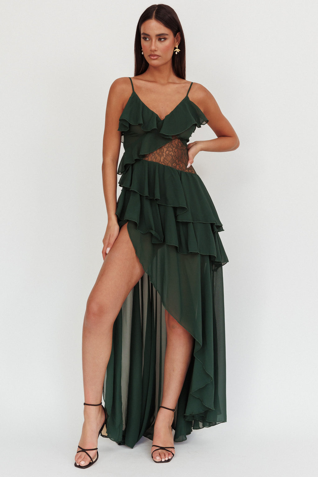 Amaretto Lace Waist Ruffle Maxi Dress Hunter Green by Selfie Leslie Australia