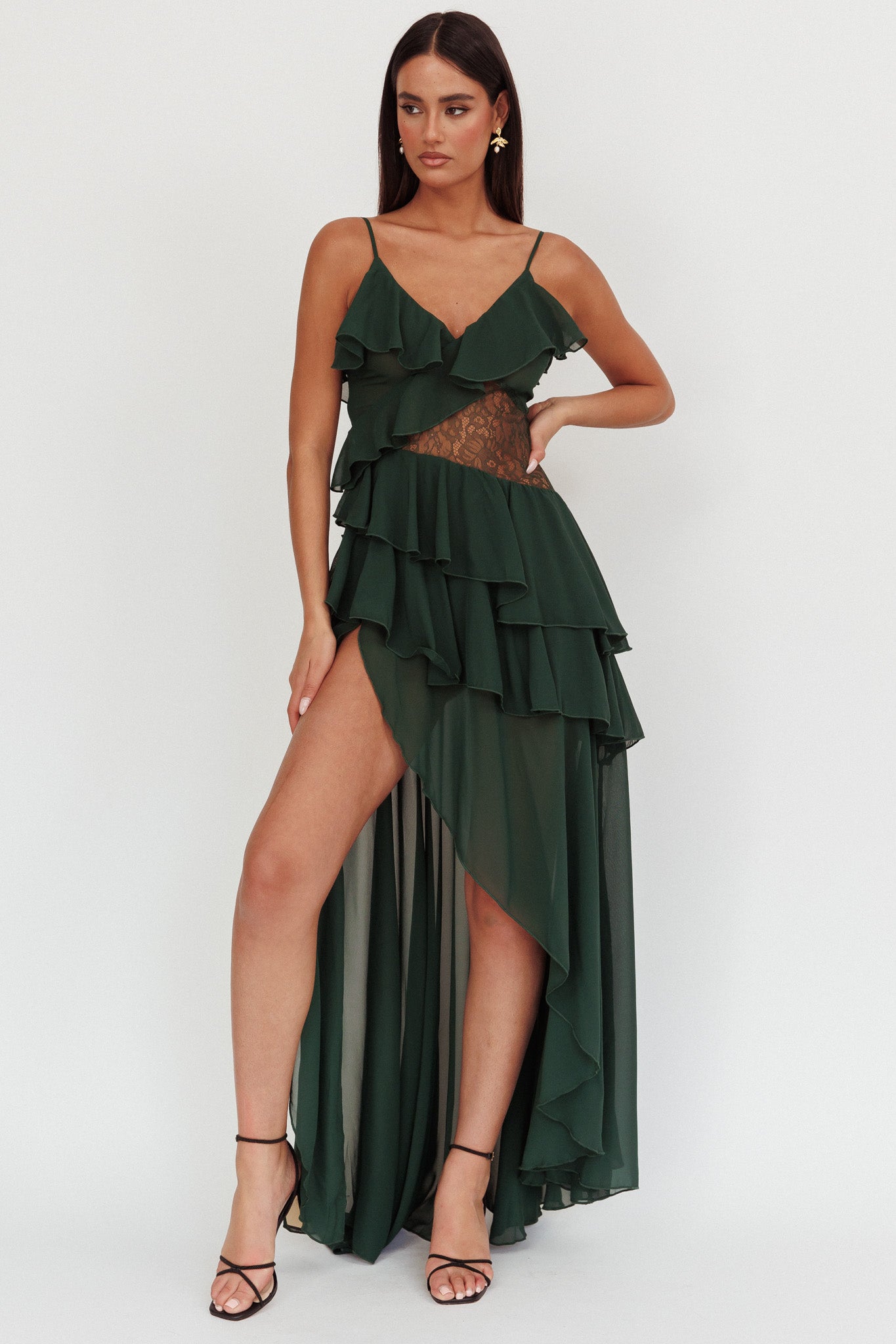 Amaretto Lace Waist Ruffle Maxi Dress Hunter Green by Selfie Leslie Australia