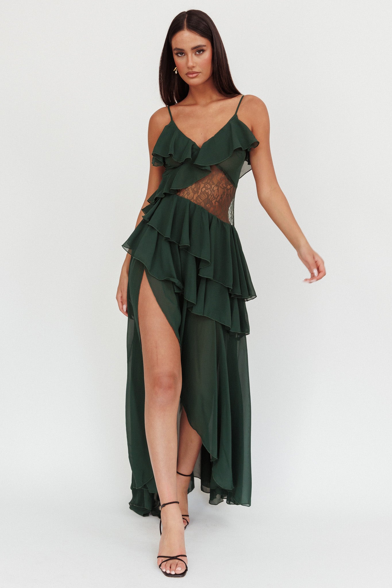 Amaretto Lace Waist Ruffle Maxi Dress Hunter Green by Selfie Leslie Australia