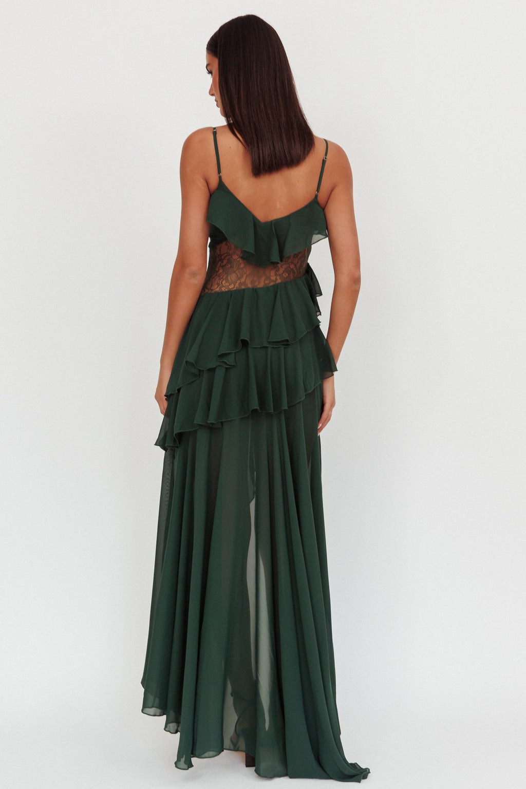 Amaretto Lace Waist Ruffle Maxi Dress Hunter Green by Selfie Leslie Australia