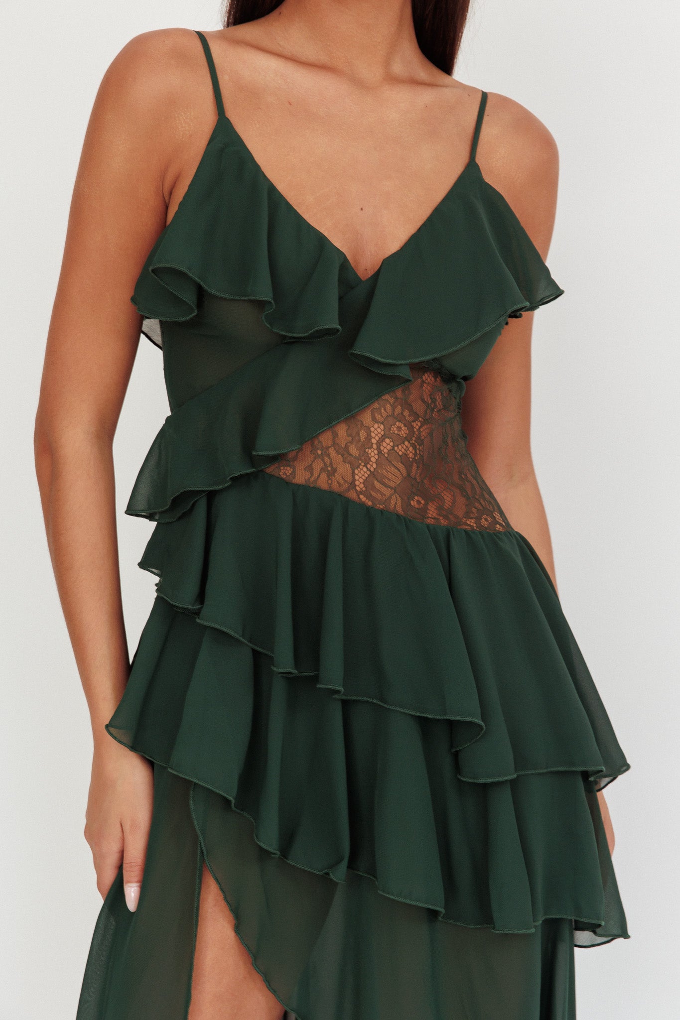 Amaretto Lace Waist Ruffle Maxi Dress Hunter Green by Selfie Leslie Australia