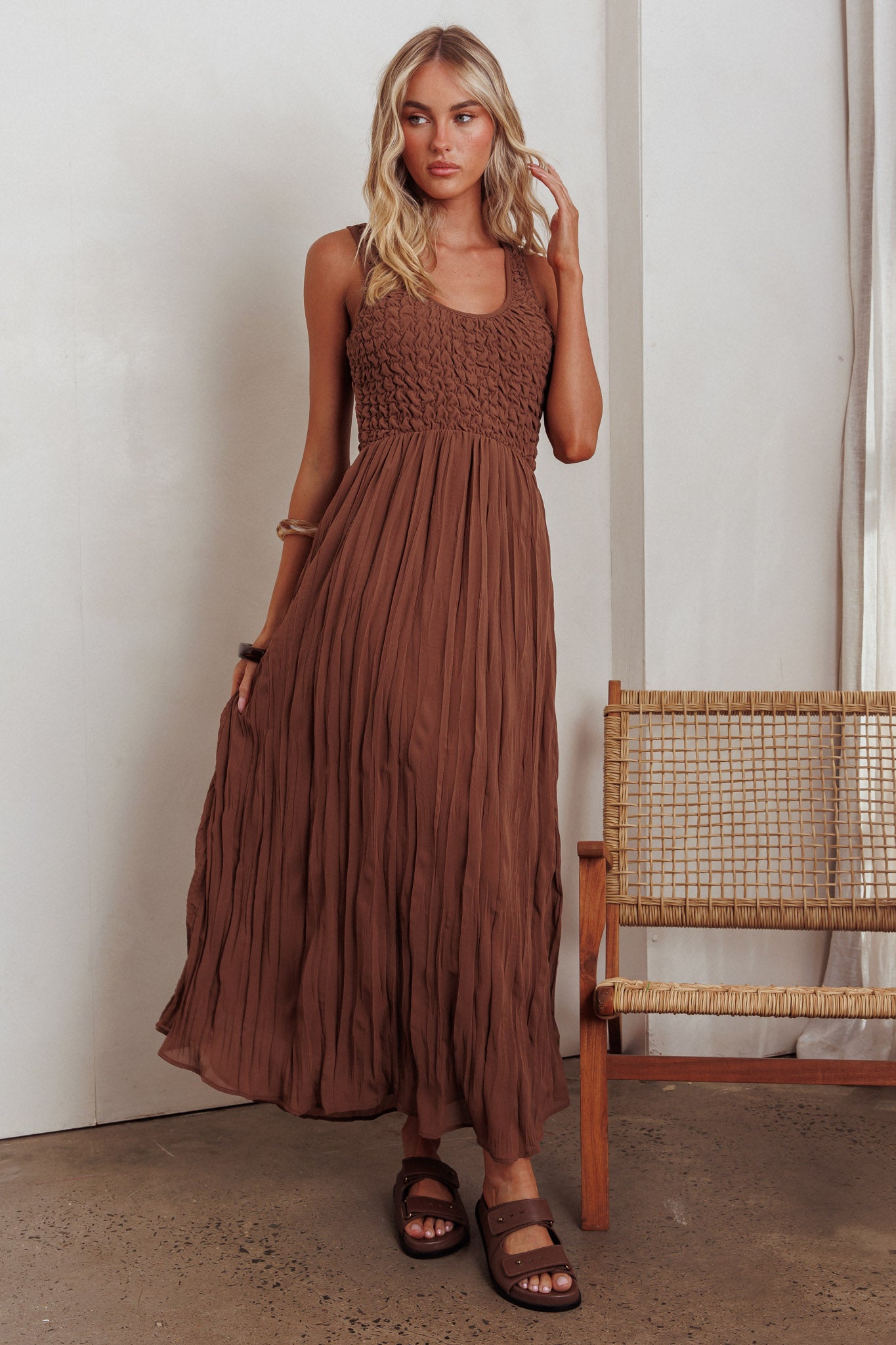 Mirella Smocked Bodice Maxi Dress Mocha by Selfie Leslie Australia