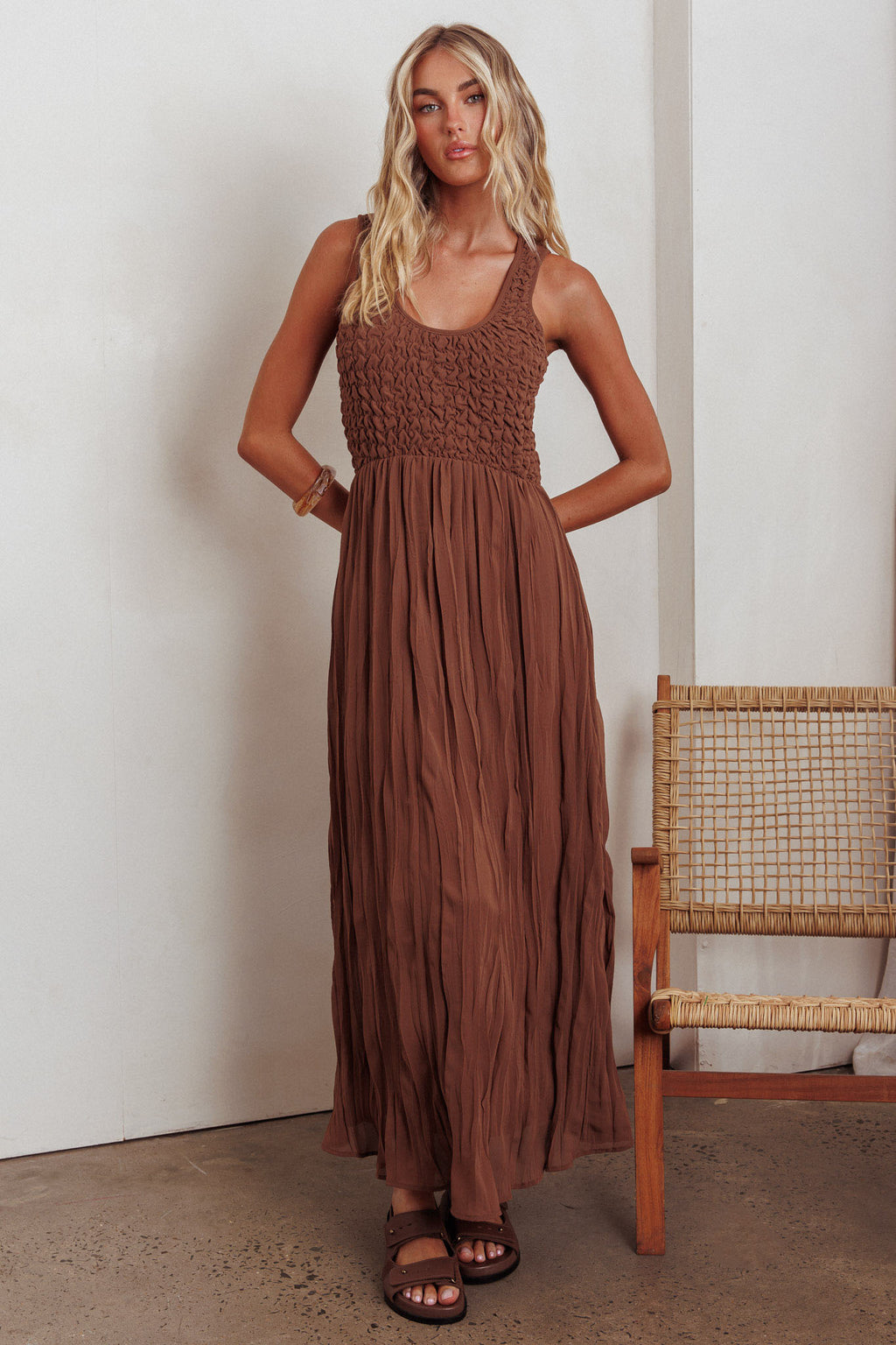 Mirella Smocked Bodice Maxi Dress Mocha by Selfie Leslie Australia