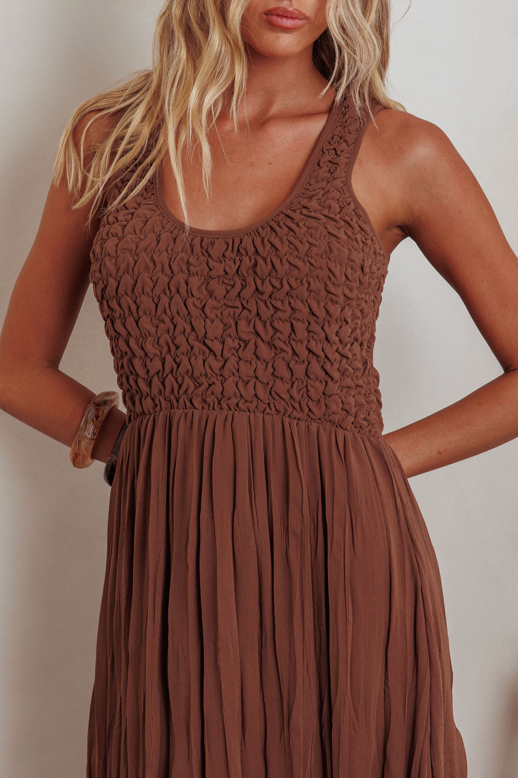 Mirella Smocked Bodice Maxi Dress Mocha by Selfie Leslie Australia