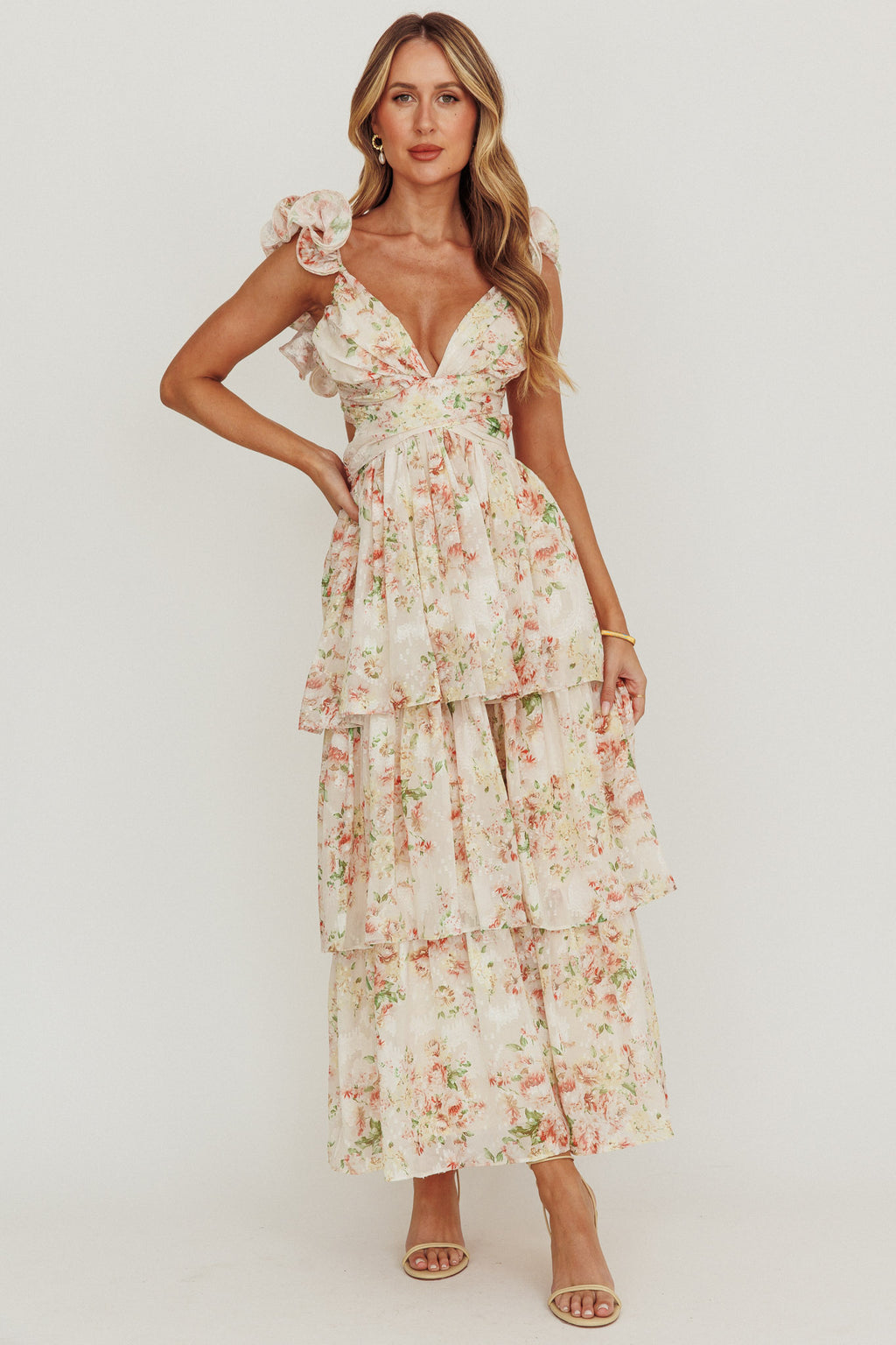 Roselle Backless Ruffle Maxi Dress Floral Multi by Selfie Leslie Australia