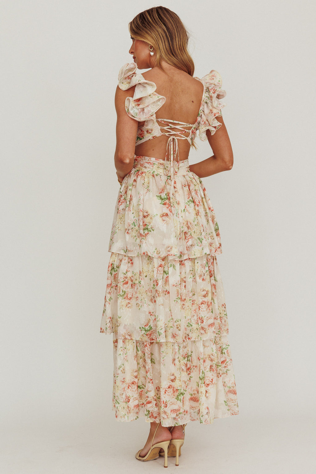 Roselle Backless Ruffle Maxi Dress Floral Multi by Selfie Leslie Australia