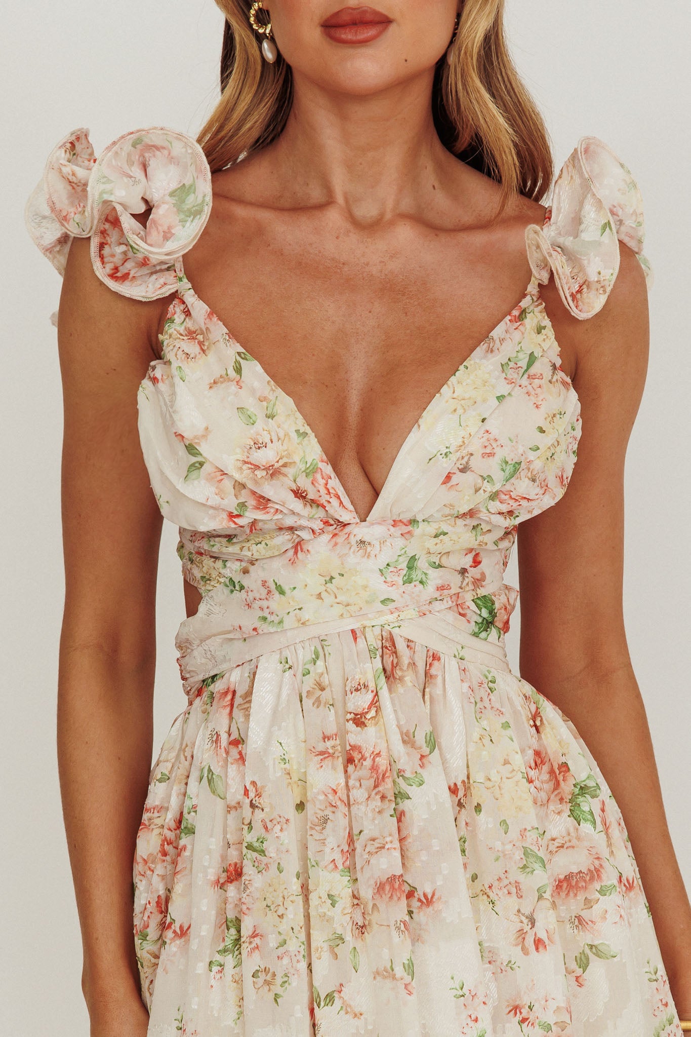 Roselle Backless Ruffle Maxi Dress Floral Multi by Selfie Leslie Australia