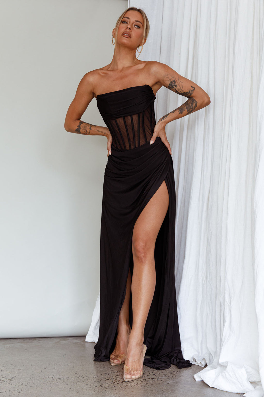 Aysha Strapless Split Maxi Dress Black by Selfie Leslie Australia