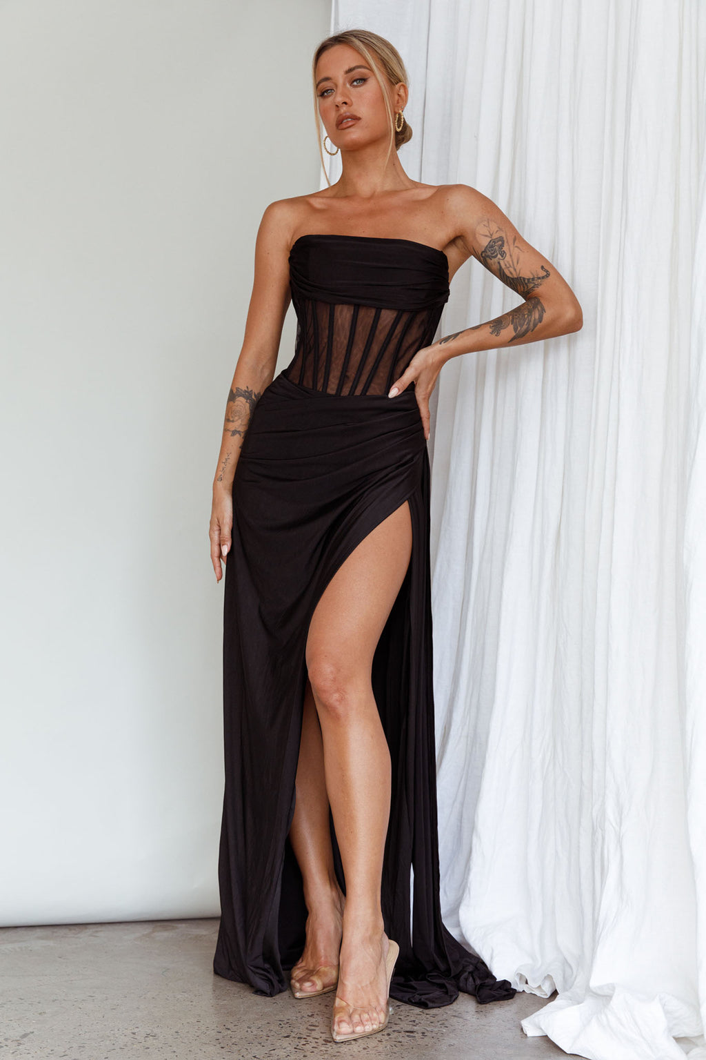 Aysha Strapless Split Maxi Dress Black by Selfie Leslie Australia