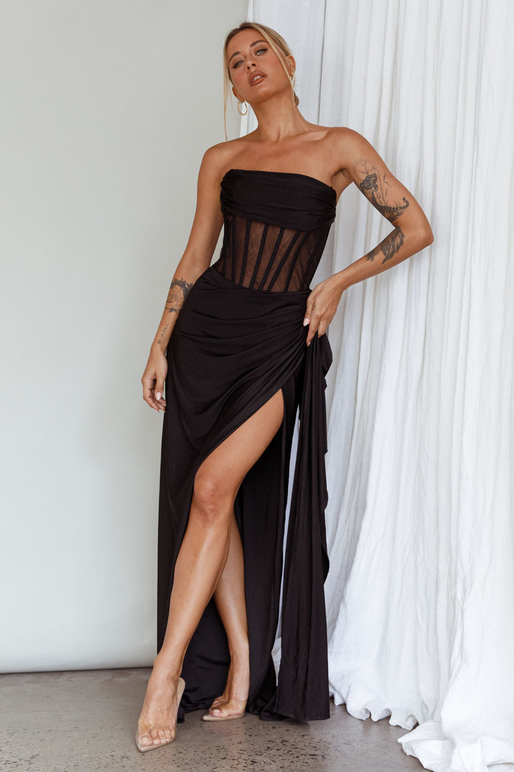 Aysha Strapless Split Maxi Dress Black by Selfie Leslie Australia
