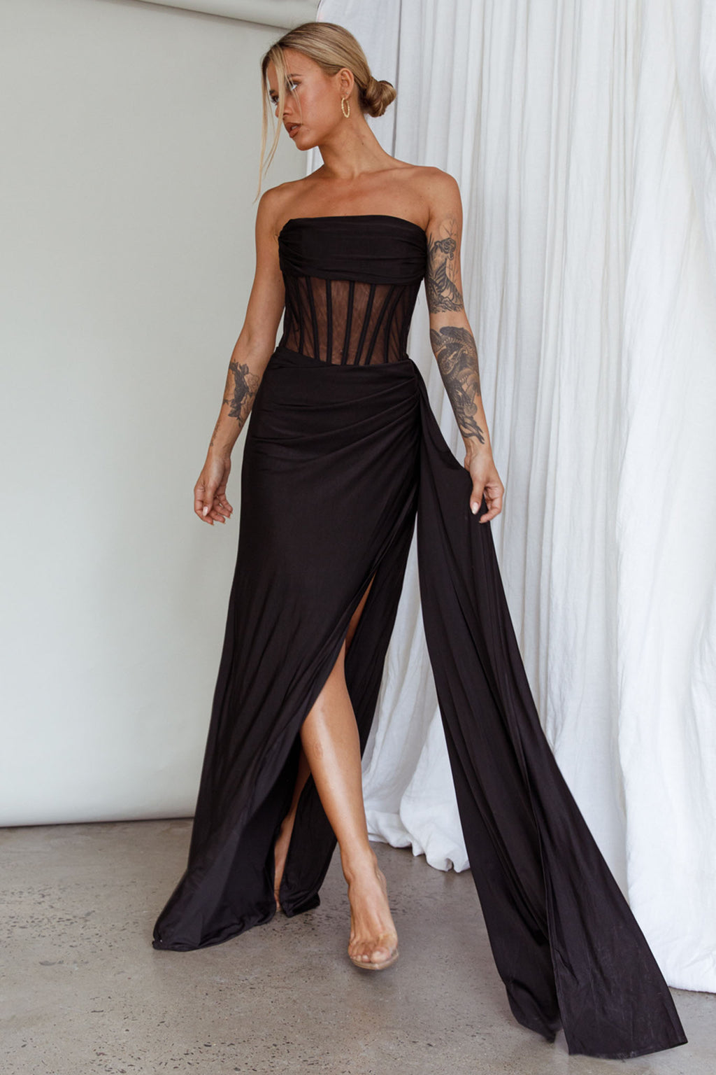 Aysha Strapless Split Maxi Dress Black by Selfie Leslie Australia