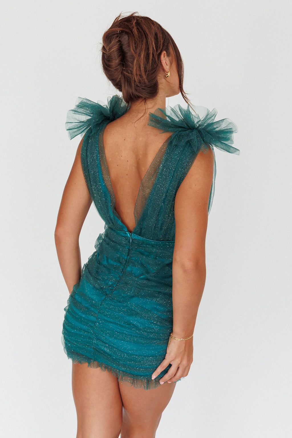 Ludivine Shoulder Accent Mesh Mini Dress Glitter Green by Selfie Leslie Australia