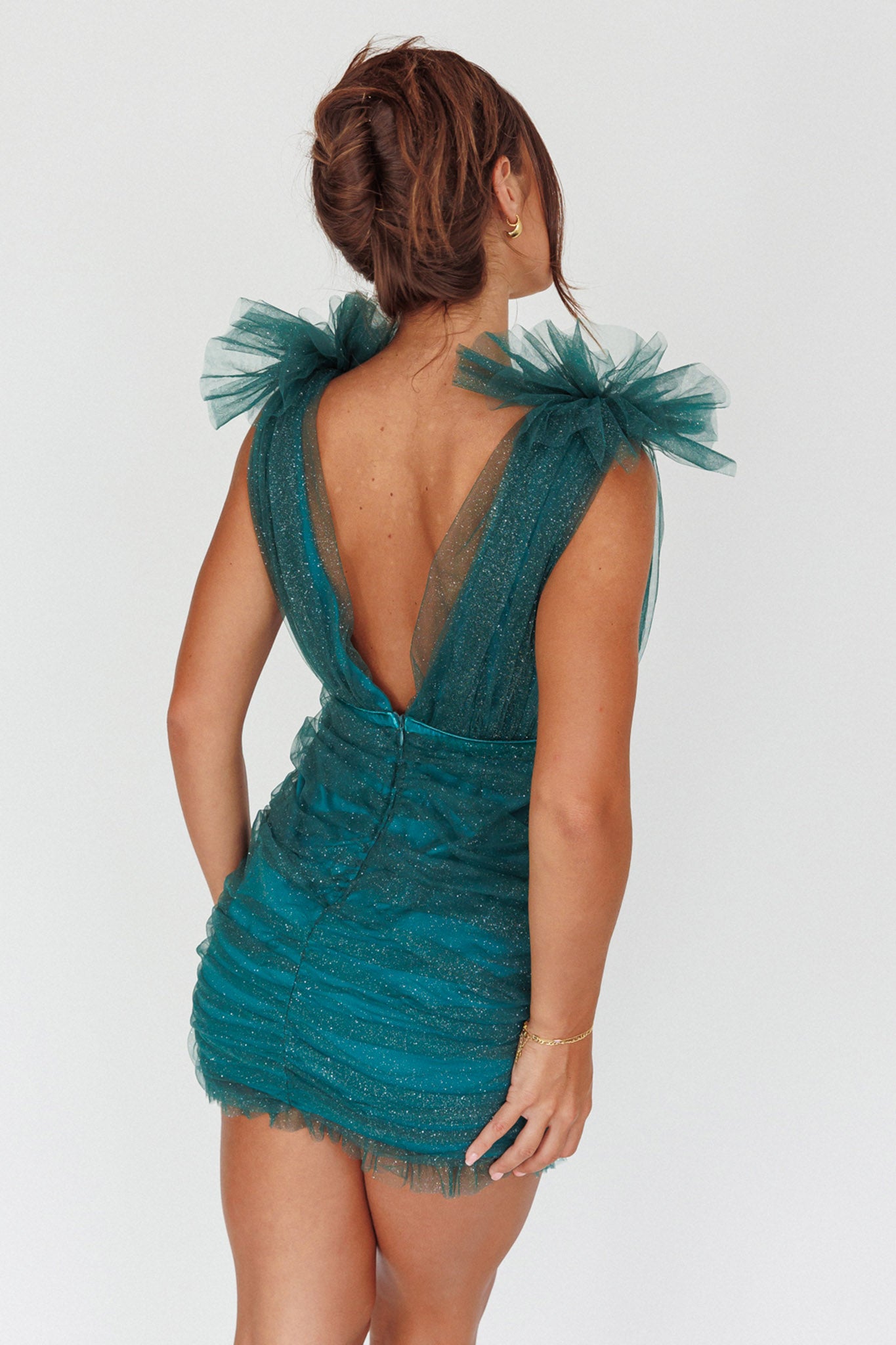 Ludivine Shoulder Accent Mesh Mini Dress Glitter Green by Selfie Leslie Australia