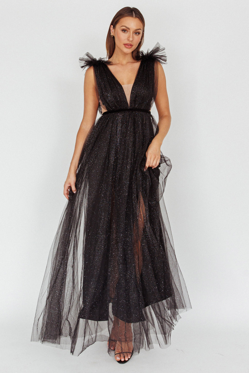 Ludivine Shoulder Accent Mesh Midi Dress Glitter Black by Selfie Leslie Australia