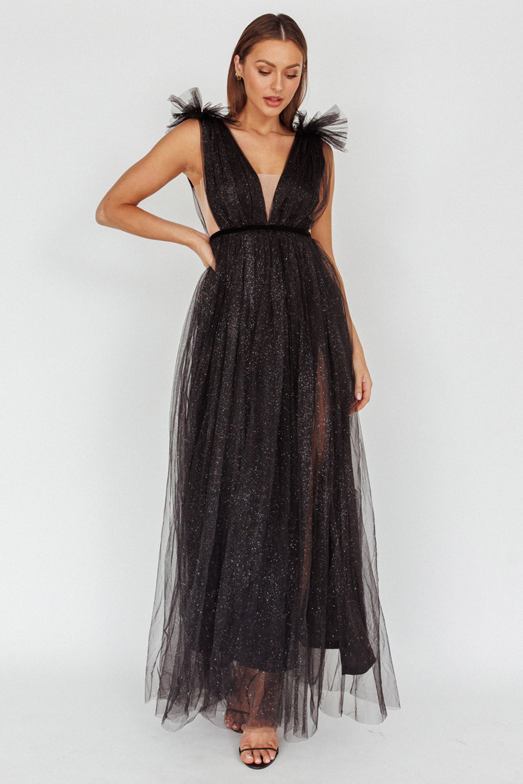 Ludivine Shoulder Accent Mesh Midi Dress Glitter Black by Selfie Leslie Australia