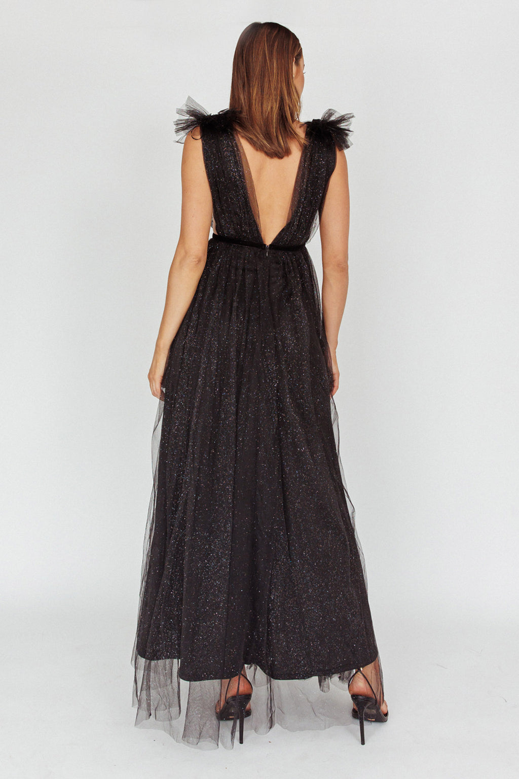 Ludivine Shoulder Accent Mesh Midi Dress Glitter Black by Selfie Leslie Australia